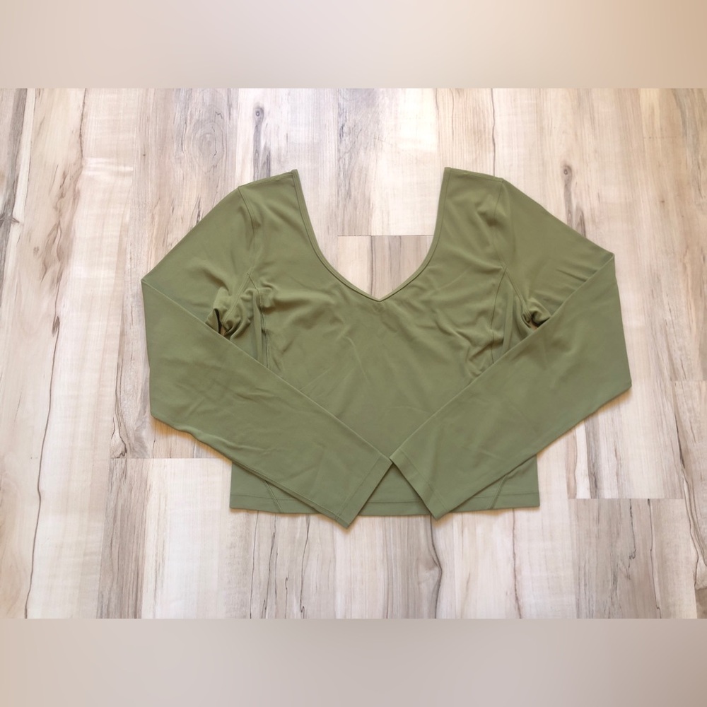 Lululemon Align V-Neck Long Sleeve Crop Top Olive Green Nulu Women's Size 6 - Picture 2 of 15